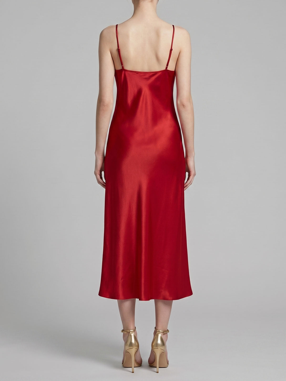 Luxury V Neck Spaghetti Bias Mulberry Silk Slip Midi Dress - Red