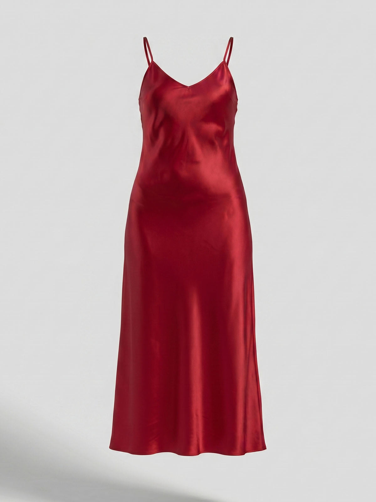 Luxury V Neck Spaghetti Bias Mulberry Silk Slip Midi Dress - Red