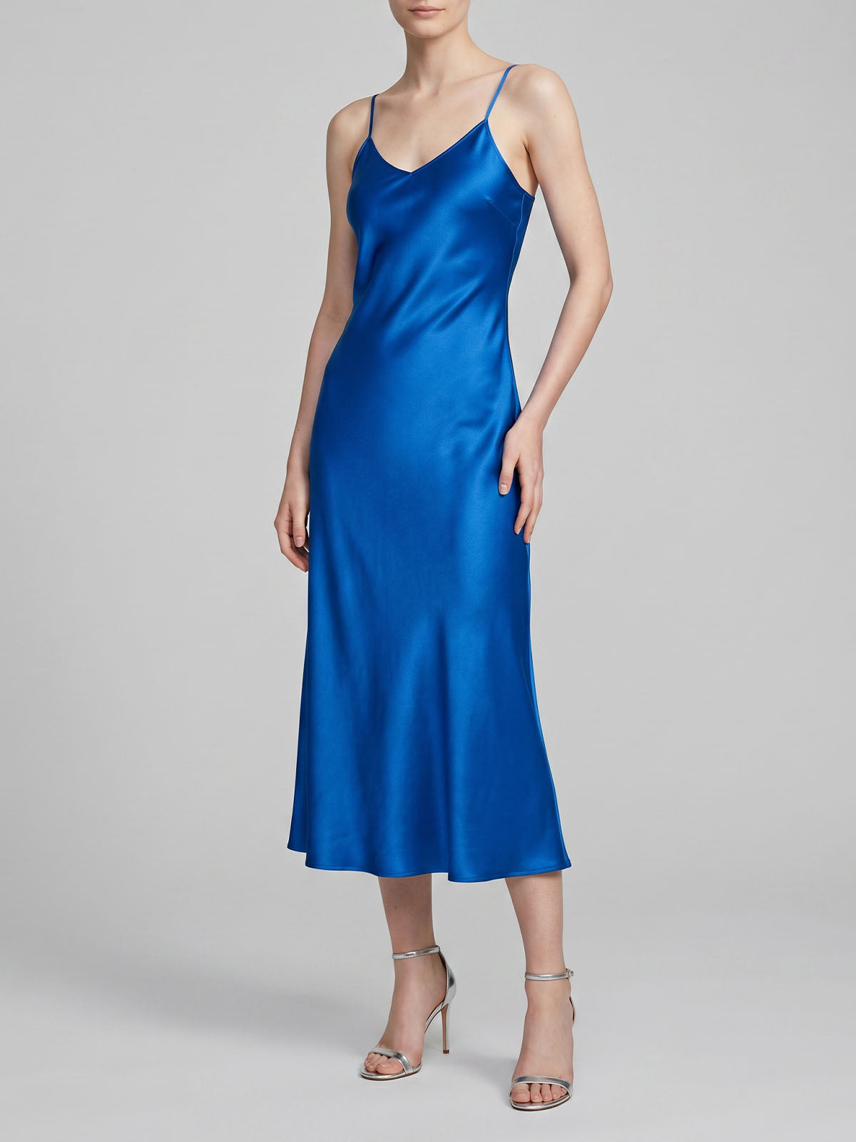 Luxury V Neck Spaghetti Bias Mulberry Silk Slip Midi Dress - Royal Blue