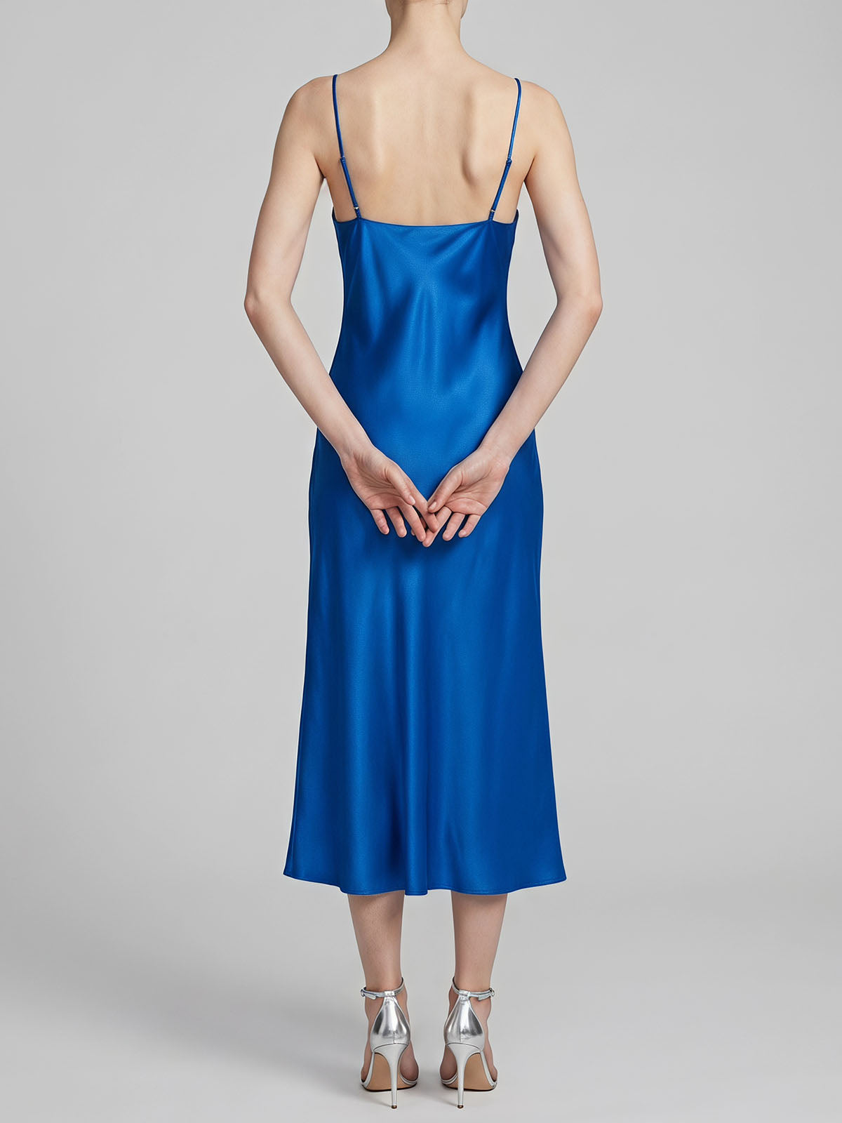 Luxury V Neck Spaghetti Bias Mulberry Silk Slip Midi Dress - Royal Blue