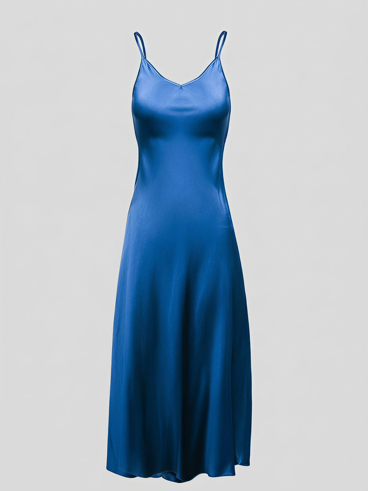 Luxury V Neck Spaghetti Bias Mulberry Silk Slip Midi Dress - Royal Blue