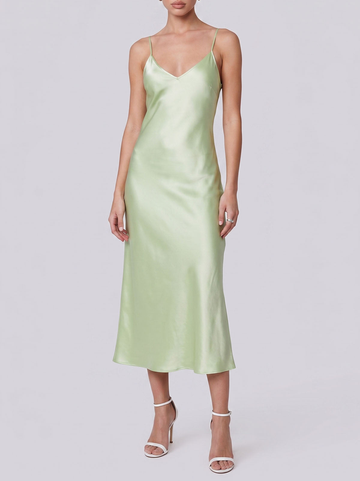 Luxury V Neck Spaghetti Bias Mulberry Silk Slip Midi Dress - Sage Green