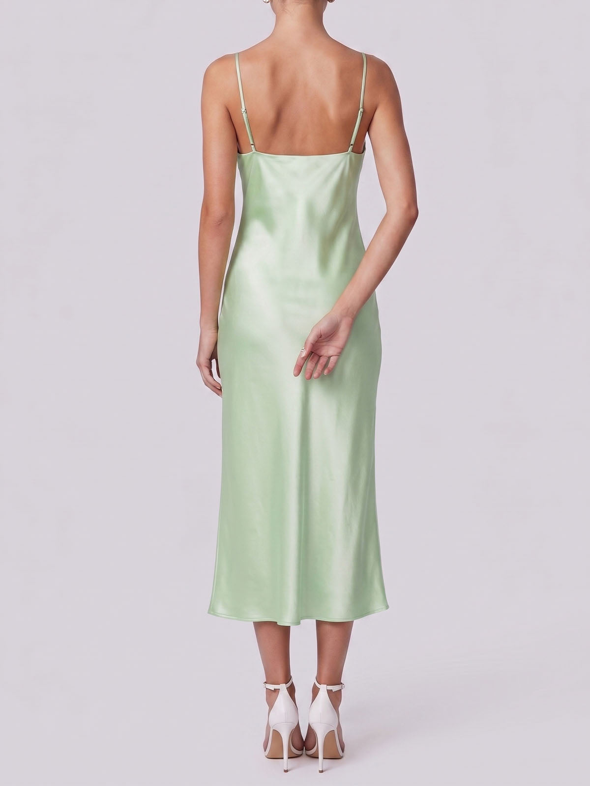 Luxury V Neck Spaghetti Bias Mulberry Silk Slip Midi Dress - Sage Green