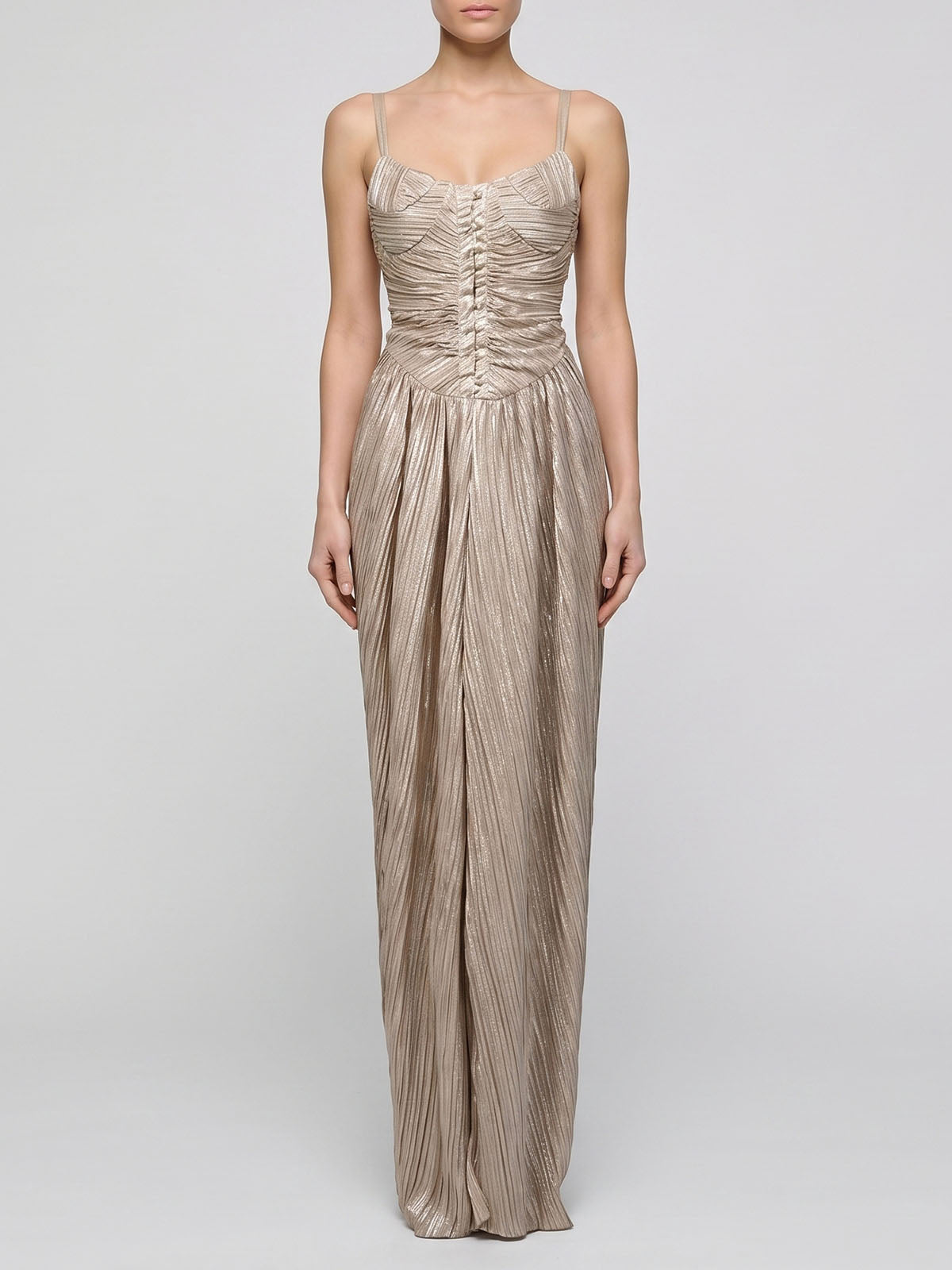 Metallic Dotted Lace Up Draped Pleated Formal Maxi Dress - Champagne