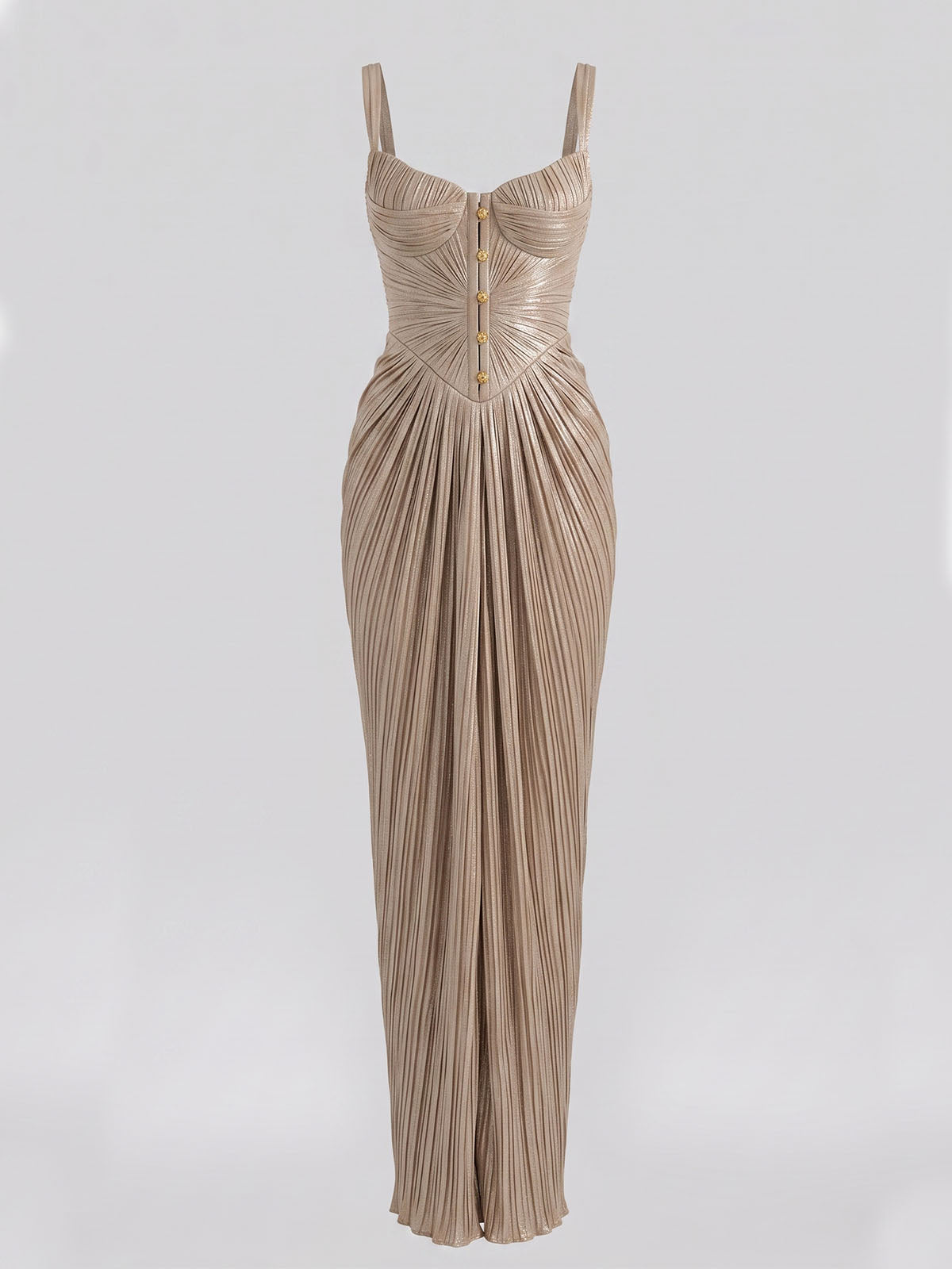 Metallic Dotted Lace Up Draped Pleated Formal Maxi Dress - Champagne
