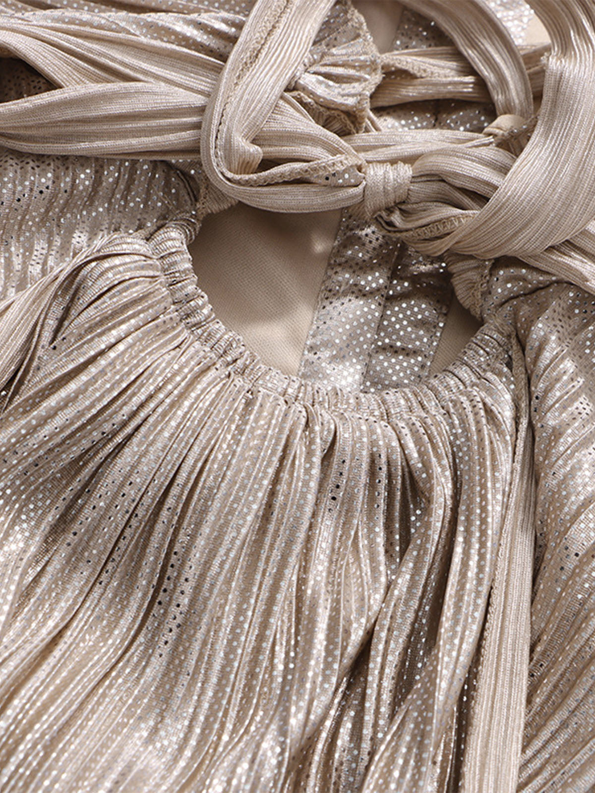Metallic Dotted Lace Up Draped Pleated Formal Maxi Dress - Champagne