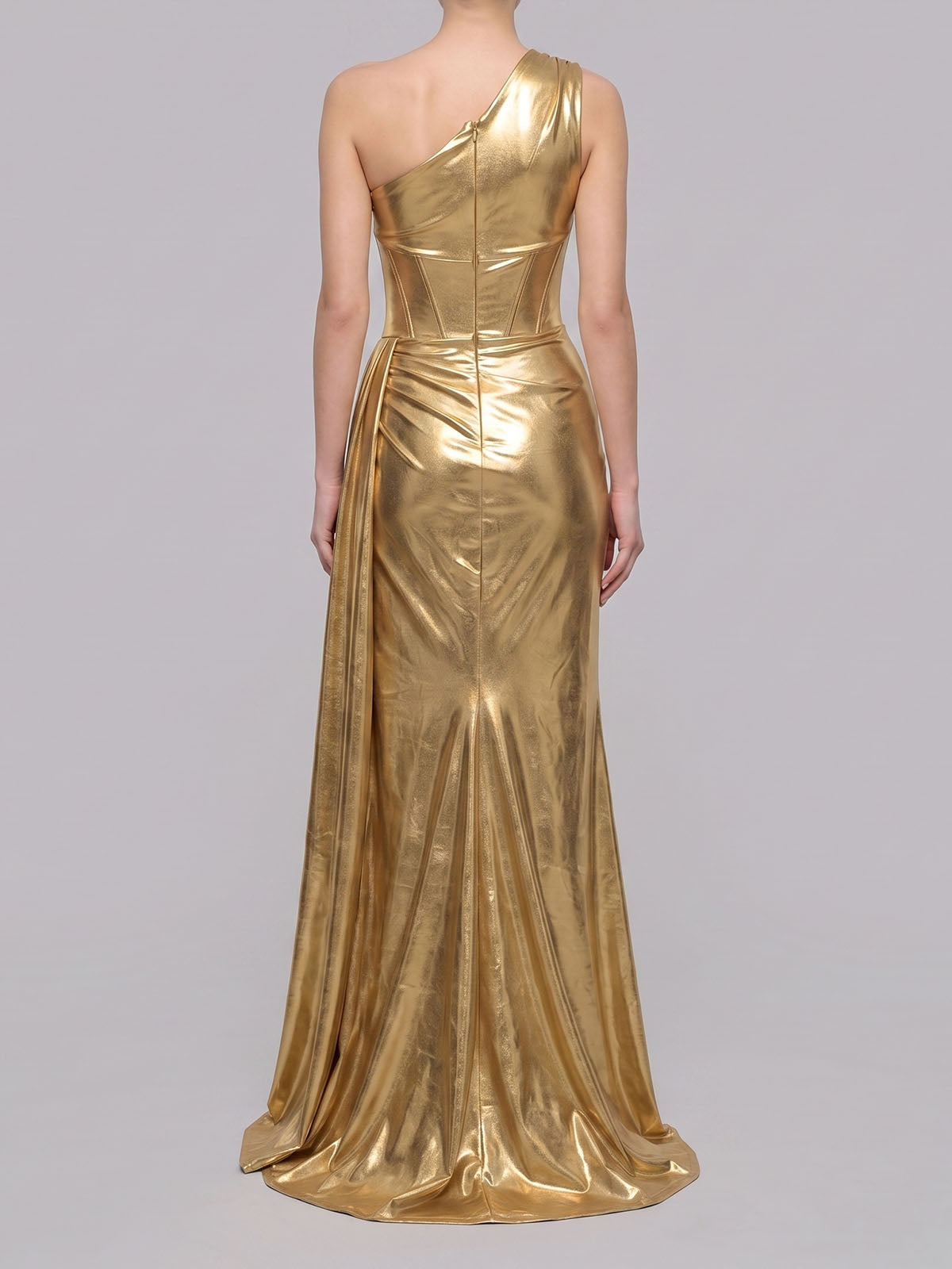 Metallic Faux Feather One Shoulder Corset Slit Mermaid Maxi Dress - Gold
