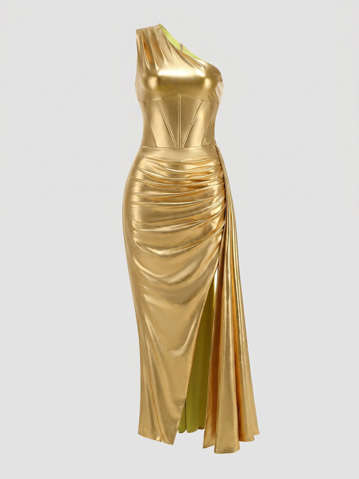 Metallic Faux Feather One Shoulder Corset Slit Mermaid Maxi Dress - Gold