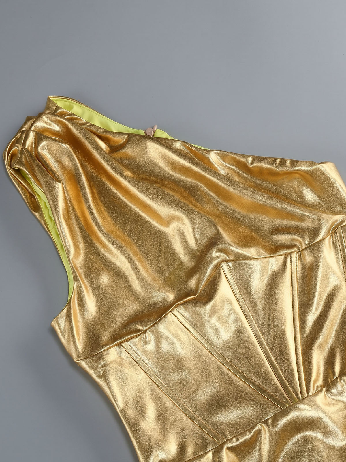 Metallic Faux Feather One Shoulder Corset Slit Mermaid Maxi Dress - Gold