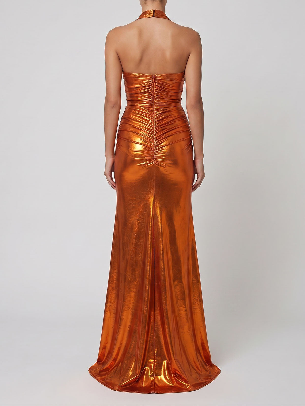 Metallic Faux Feather Twist Knot Split Plunge Halter Maxi Dress - Copper