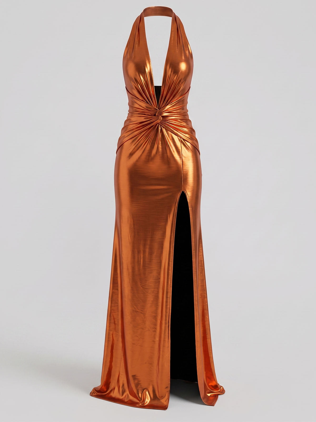 Metallic Faux Feather Twist Knot Split Plunge Halter Maxi Dress - Copper