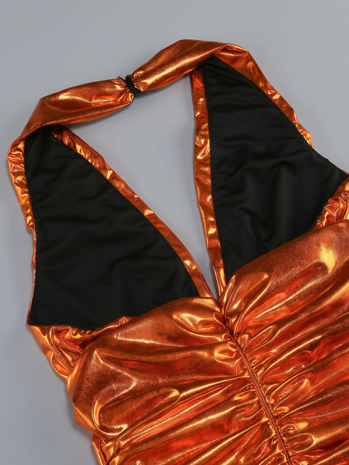 Metallic Faux Feather Twist Knot Split Plunge Halter Maxi Dress - Copper