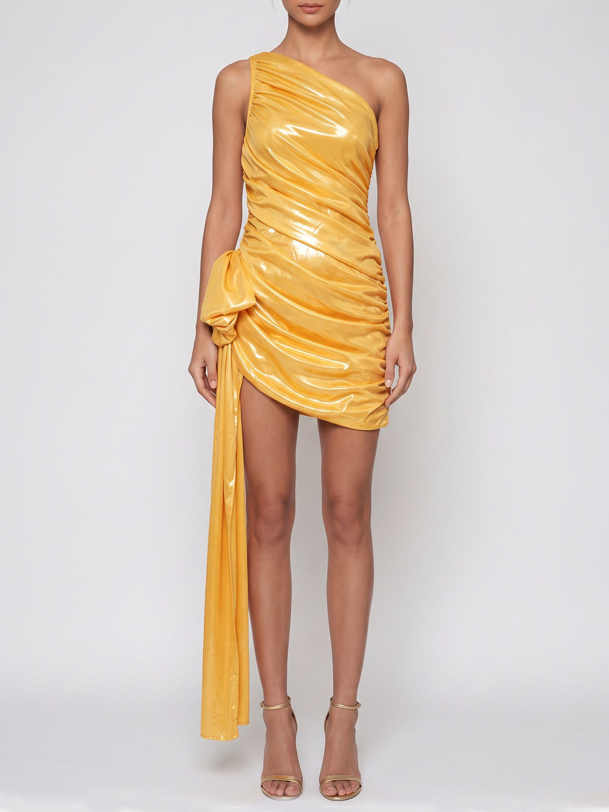 Metallic One Shoulder Bow Trim Ruched Bodycon Party Mini Dress - Gold