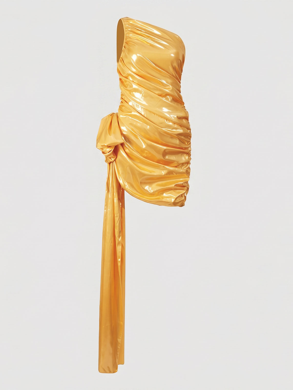 Metallic One Shoulder Bow Trim Ruched Bodycon Party Mini Dress - Gold