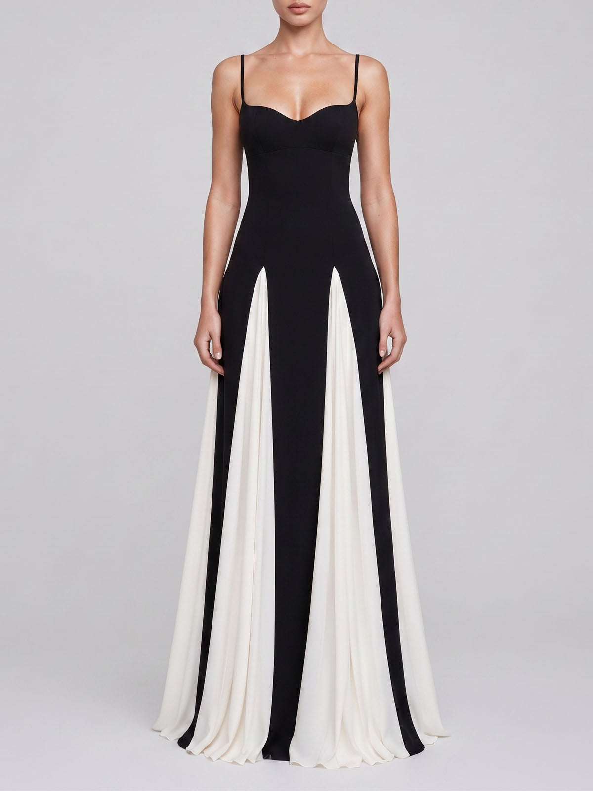 Minimalist Sweetheart Contrast Godet Spaghetti Formal Maxi Dress - Black