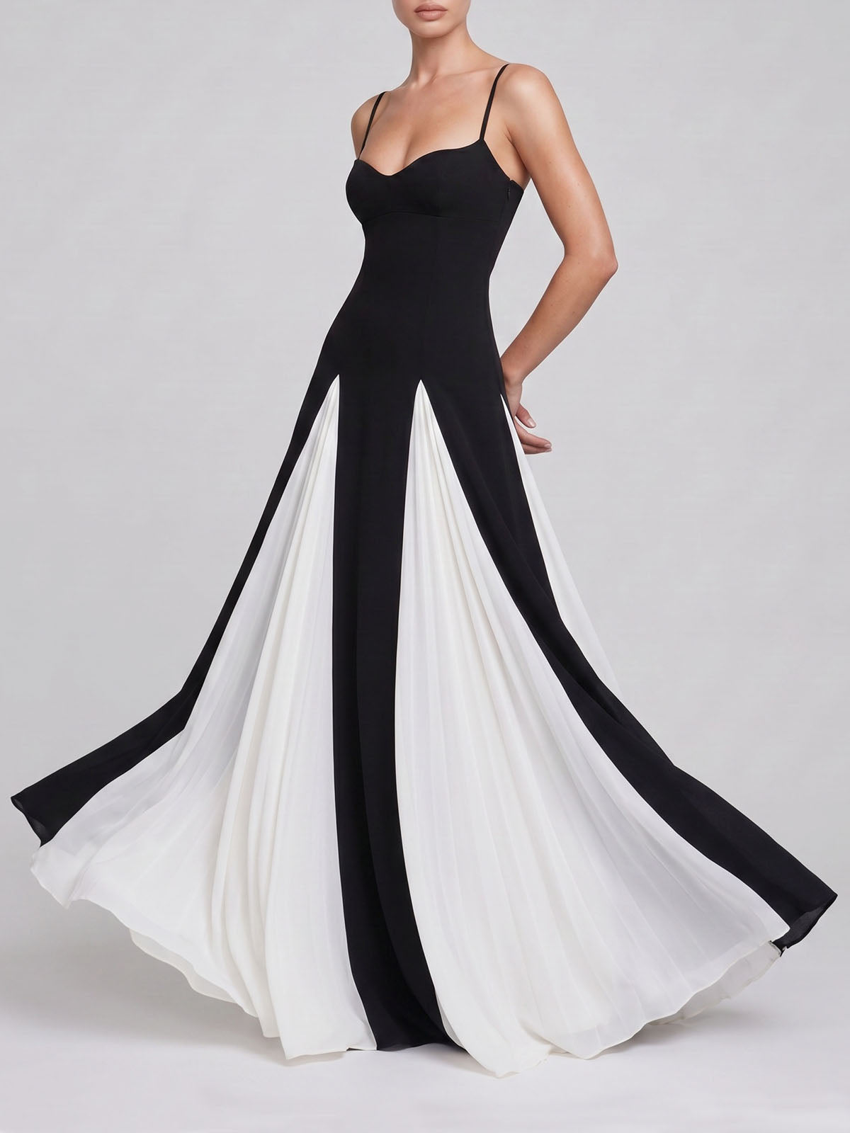 Minimalist Sweetheart Contrast Godet Spaghetti Formal Maxi Dress - Black