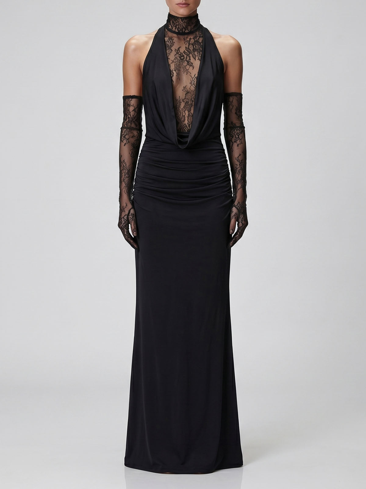 Opera Glove Lace Panel Draped Fishtail Formal Maxi Dress - Black