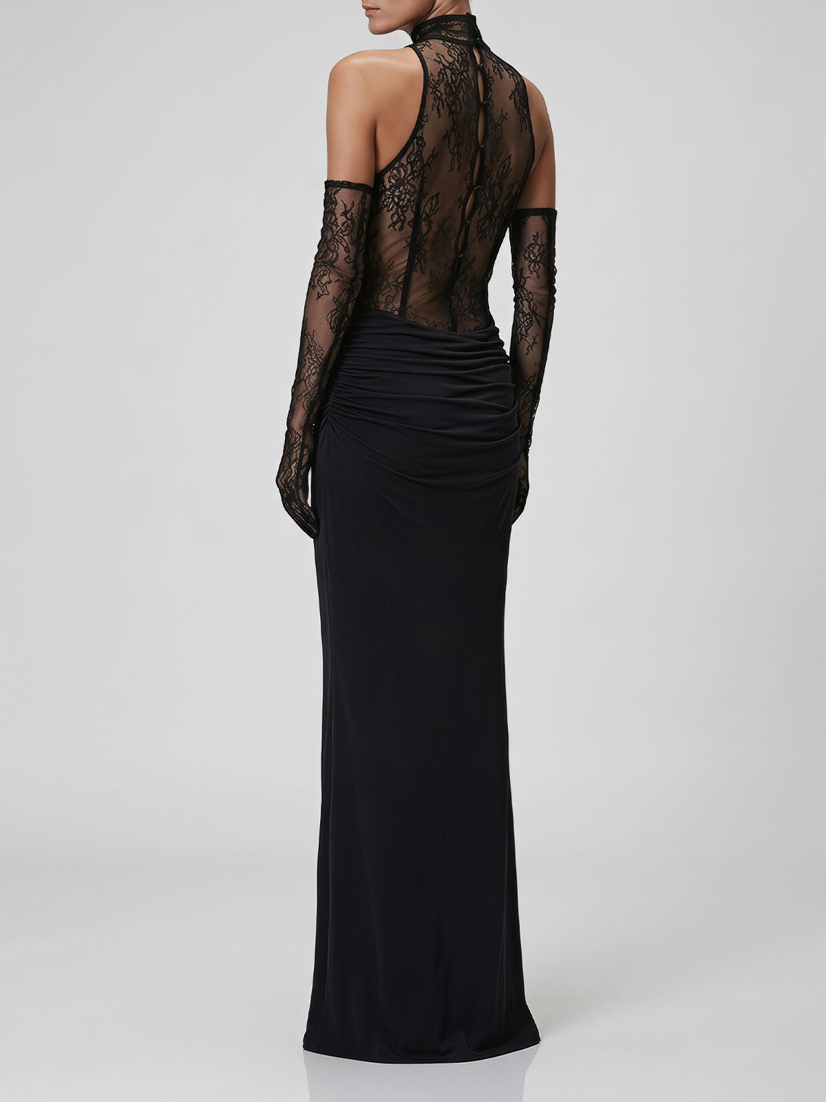 Opera Glove Lace Panel Draped Fishtail Formal Maxi Dress - Black