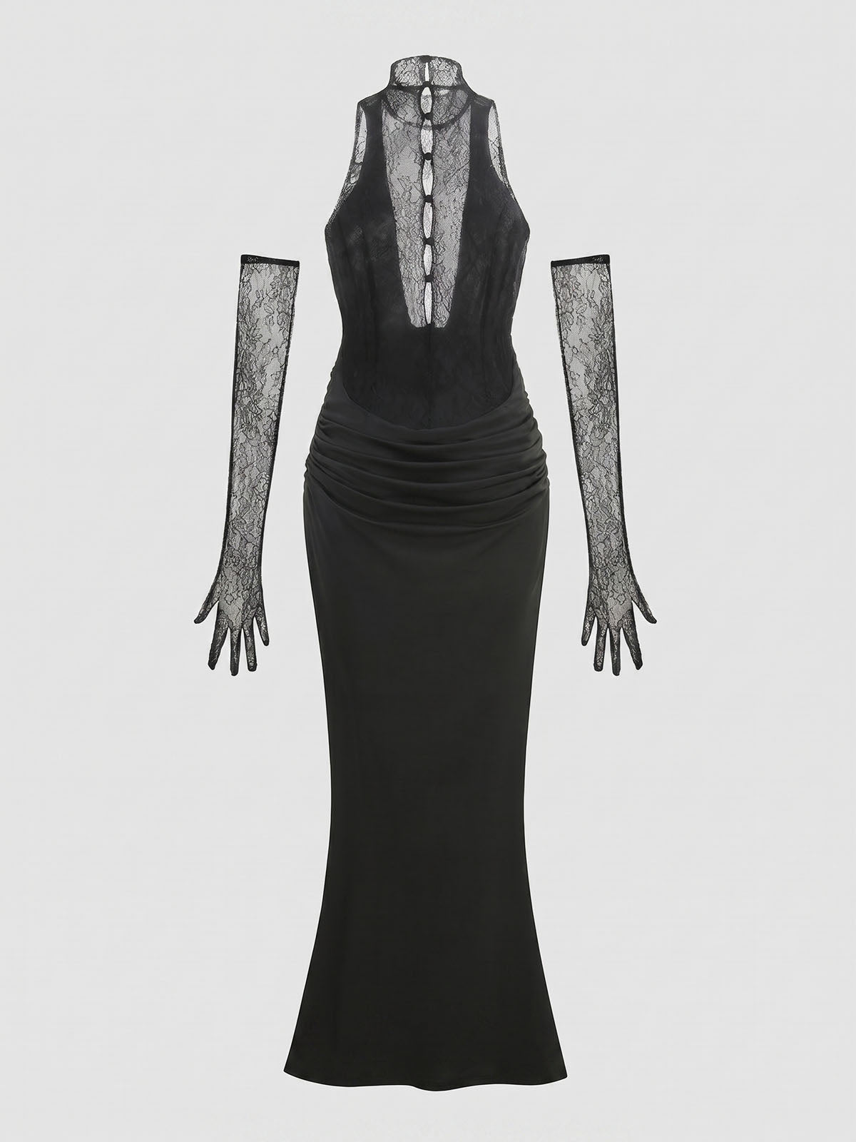 Opera Glove Lace Panel Draped Fishtail Formal Maxi Dress - Black