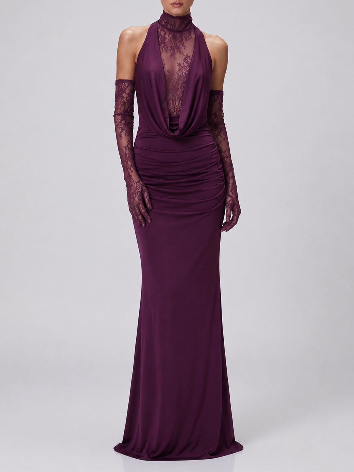 Opera Glove Lace Panel Draped Fishtail Formal Maxi Dress - Plum