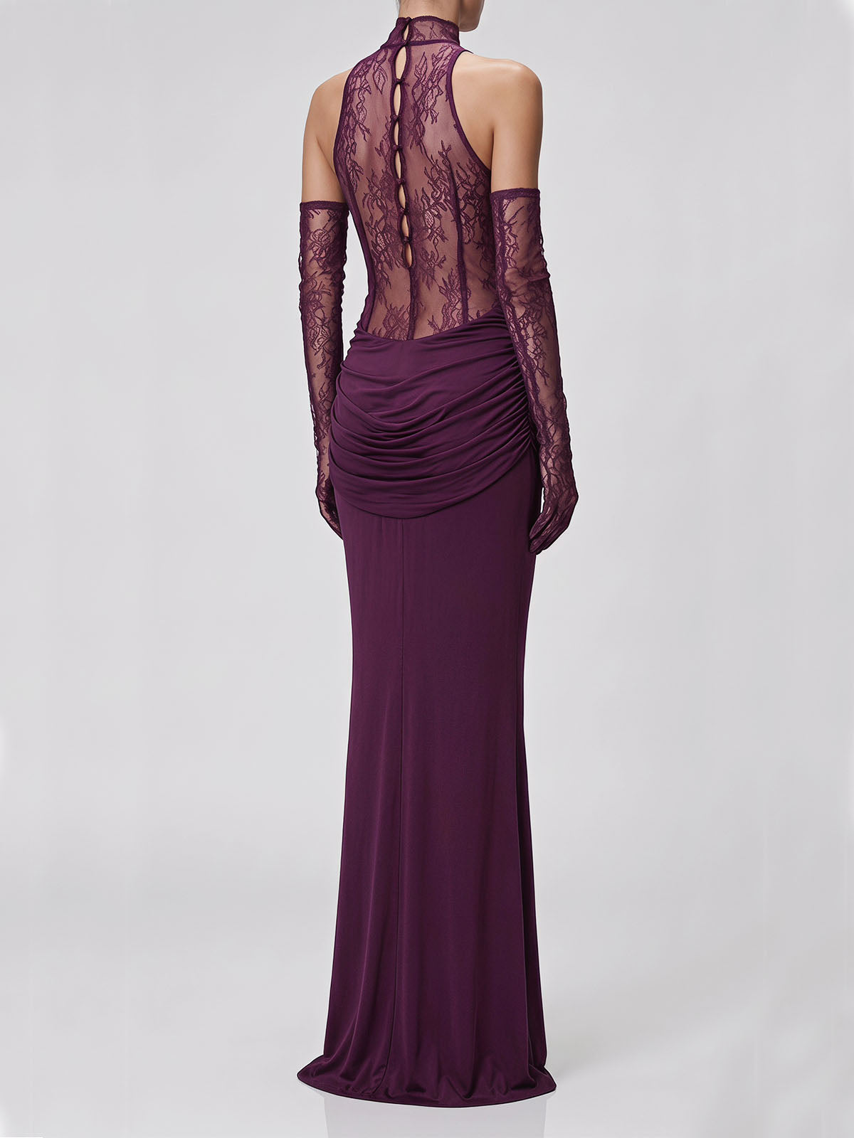 Opera Glove Lace Panel Draped Fishtail Formal Maxi Dress - Plum