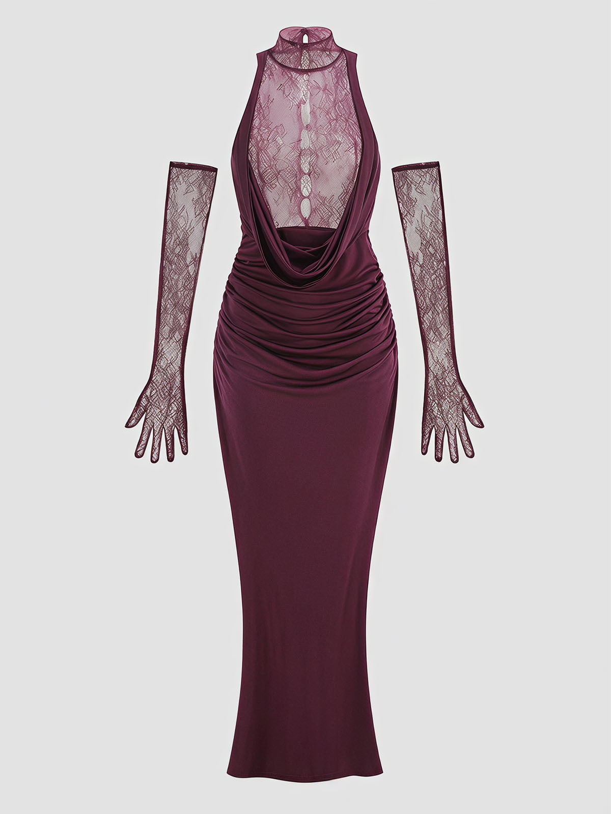 Opera Glove Lace Panel Draped Fishtail Formal Maxi Dress - Plum
