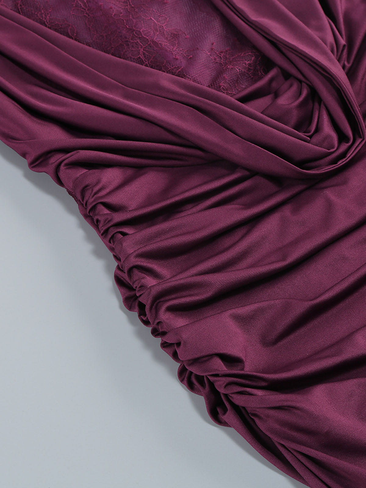 Opera Glove Lace Panel Draped Fishtail Formal Maxi Dress - Plum