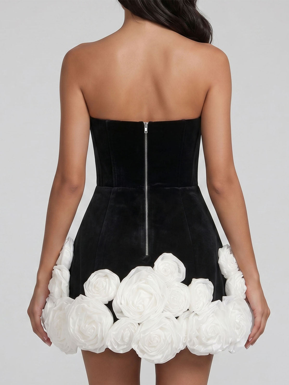 Opulent 3D Flower Strapless Velvet Corset Party Mini Dress - Black