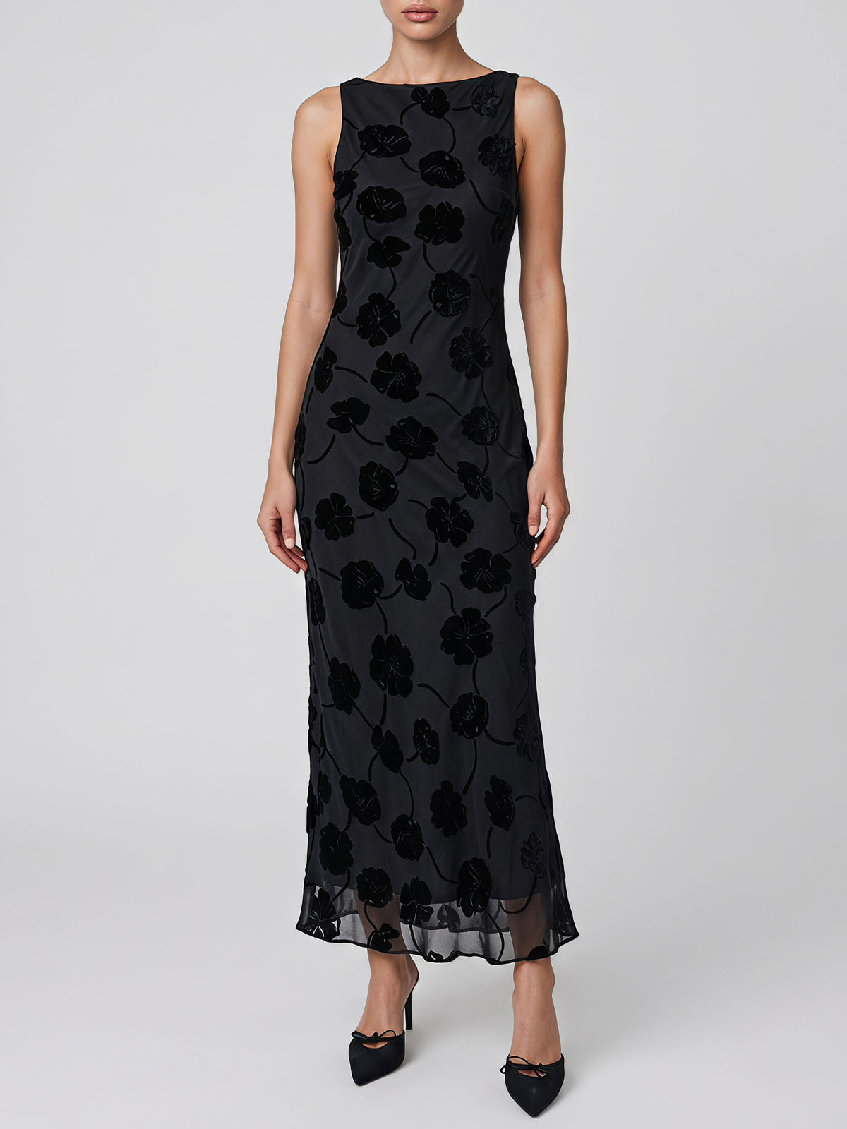 Opulent Boat Neck Velvet Floral Sleeveless Silk Midi Dress - Black