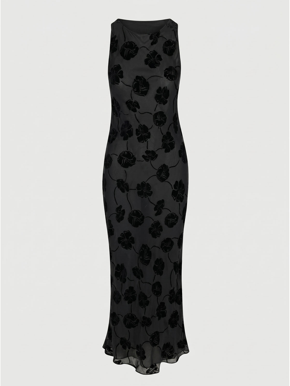 Opulent Boat Neck Velvet Floral Sleeveless Silk Midi Dress - Black