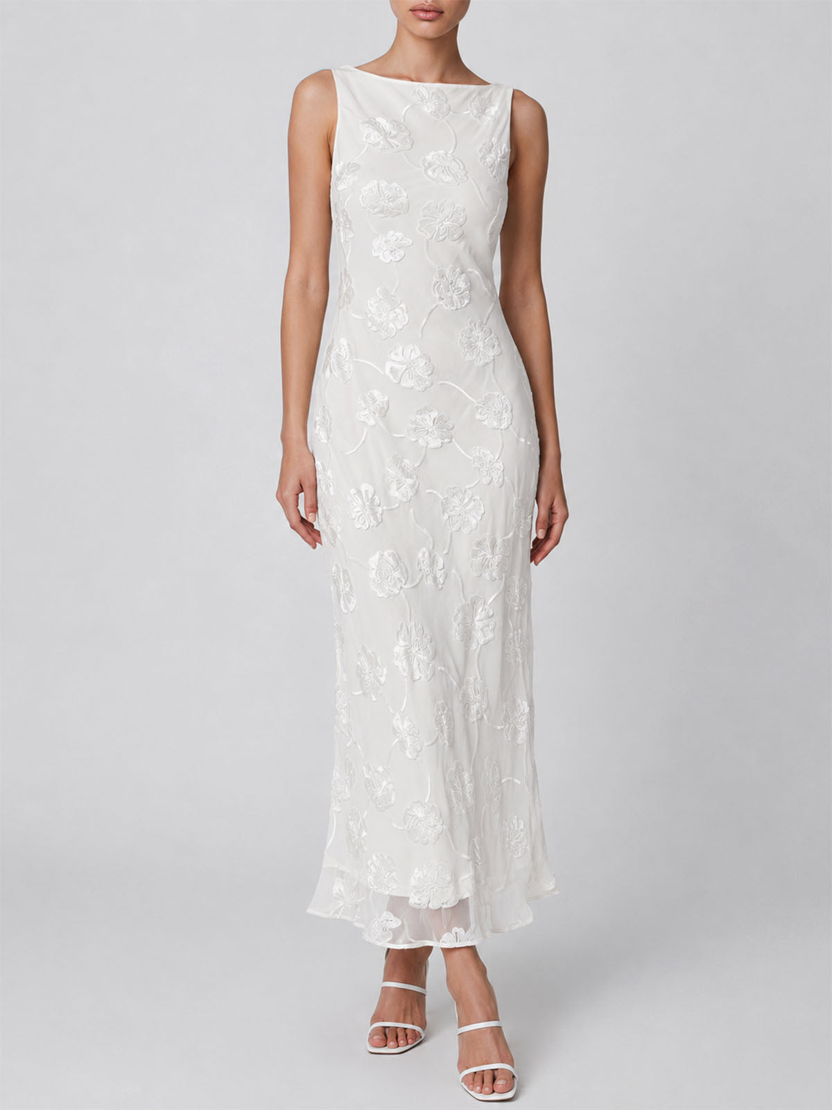 Opulent Boat Neck Velvet Floral Sleeveless Silk Midi Dress - White