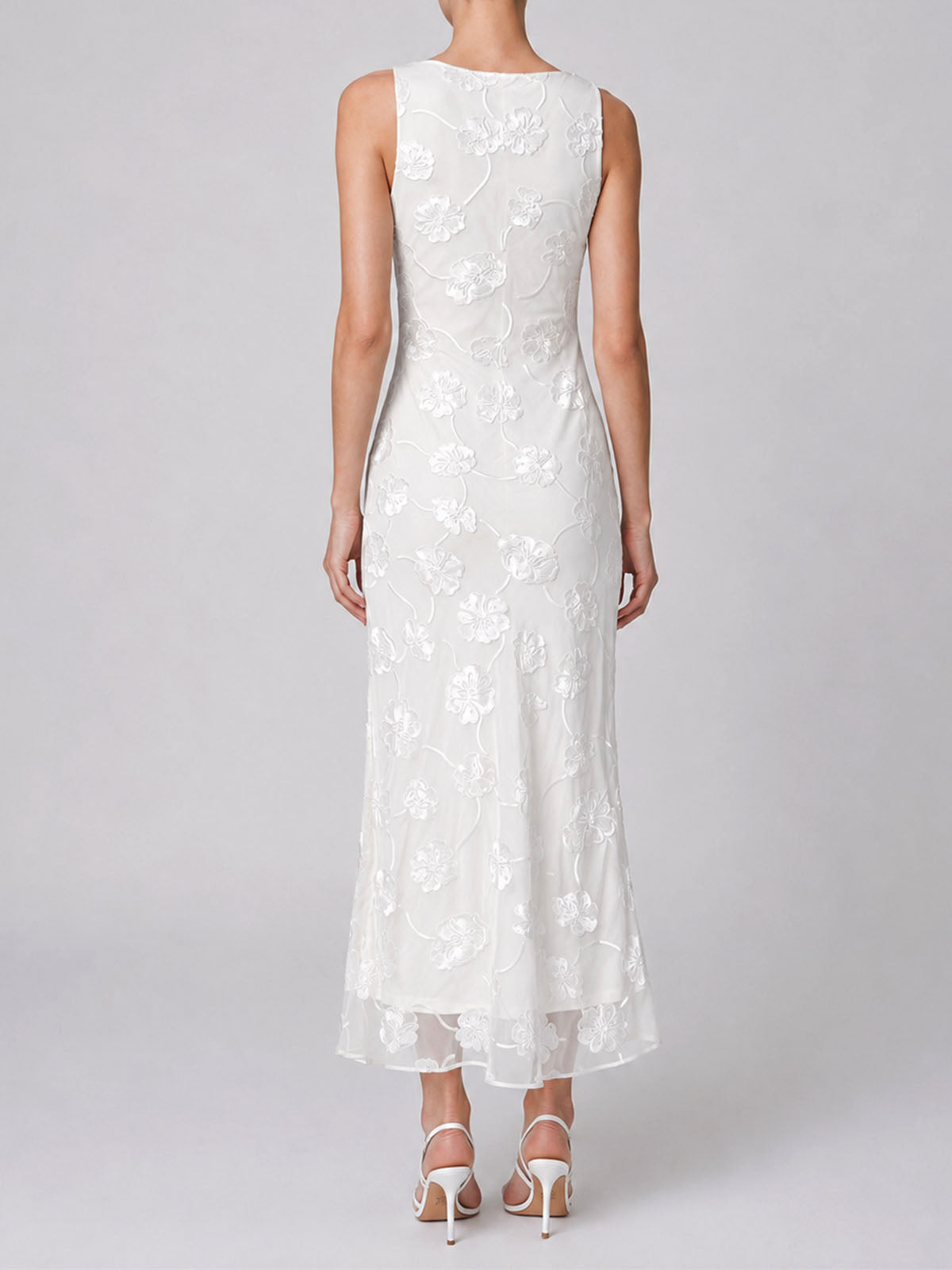 Opulent Boat Neck Velvet Floral Sleeveless Silk Midi Dress - White