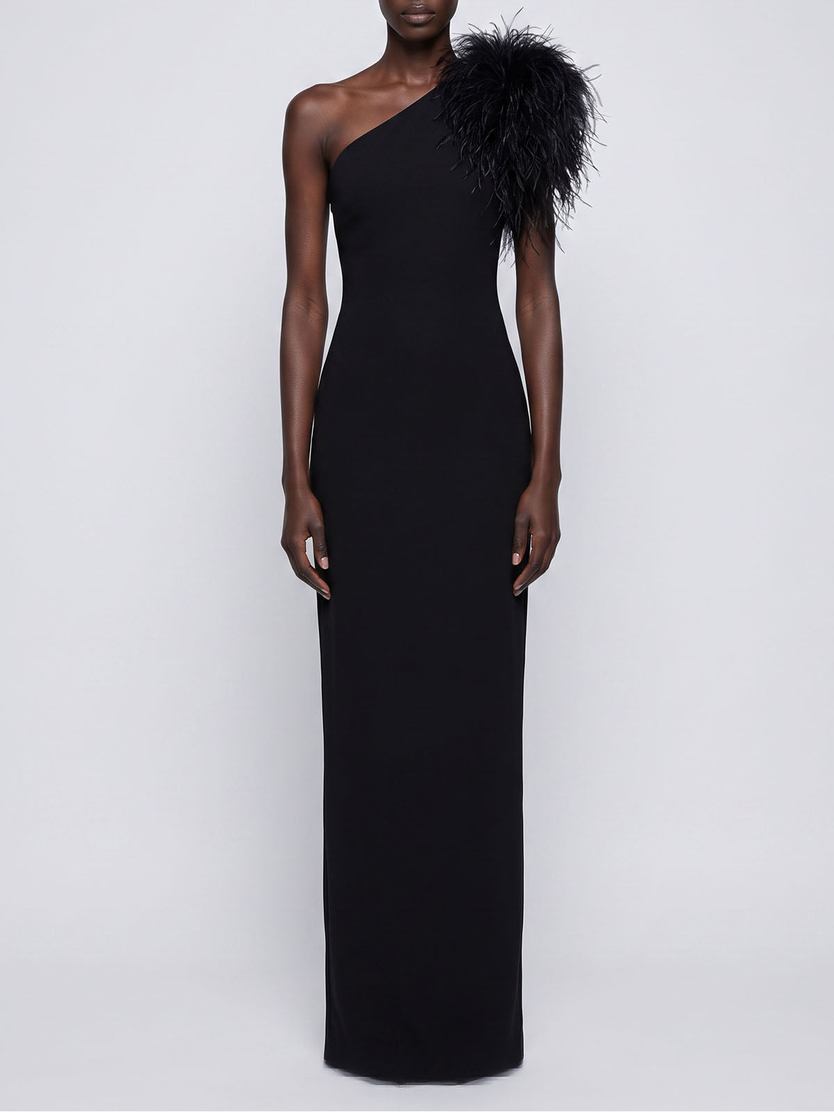 Opulent Faux Feather One Shoulder Bandage Formal Maxi Dress - Black