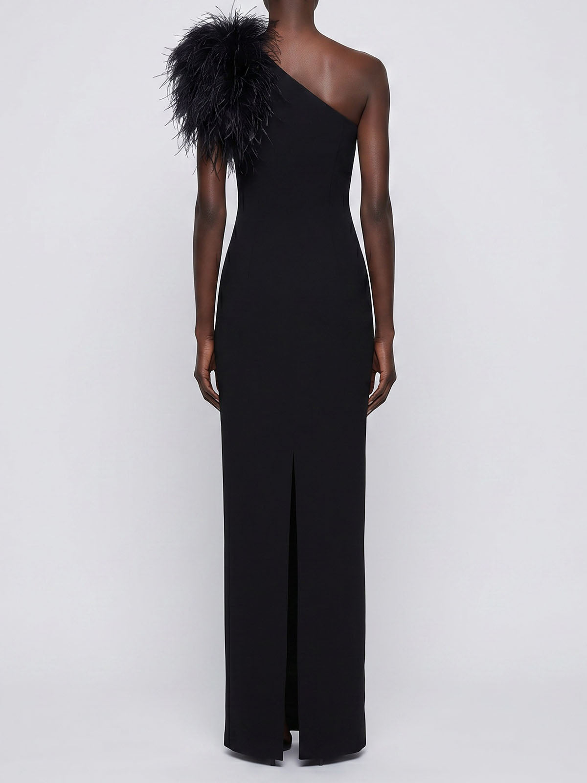 Opulent Faux Feather One Shoulder Bandage Formal Maxi Dress - Black