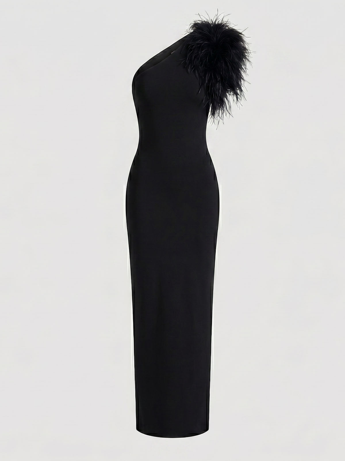 Opulent Faux Feather One Shoulder Bandage Formal Maxi Dress - Black