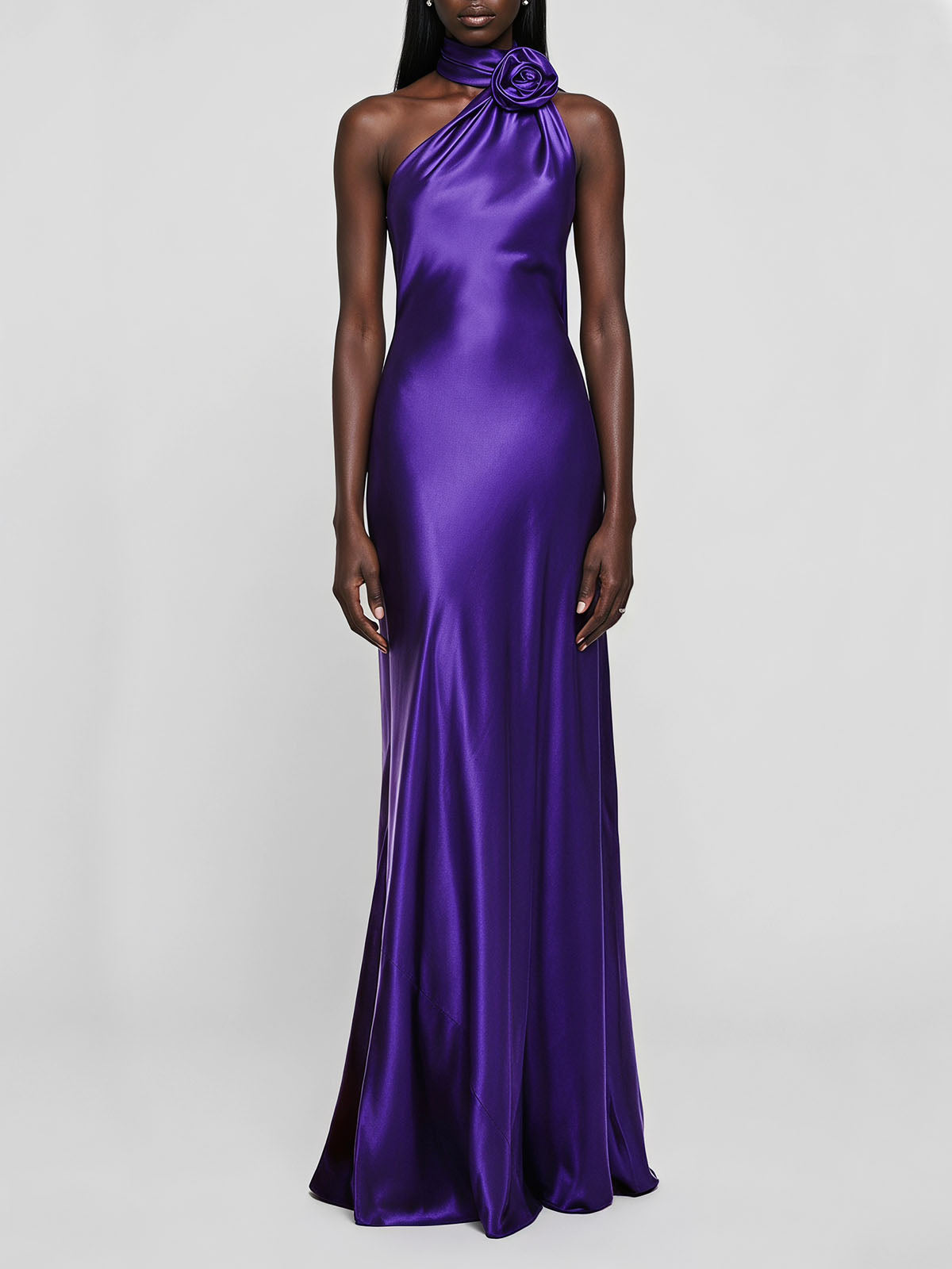 Opulent Flower Scarf Neck Satin Sheath Formal Maxi Dress - Dark Purple
