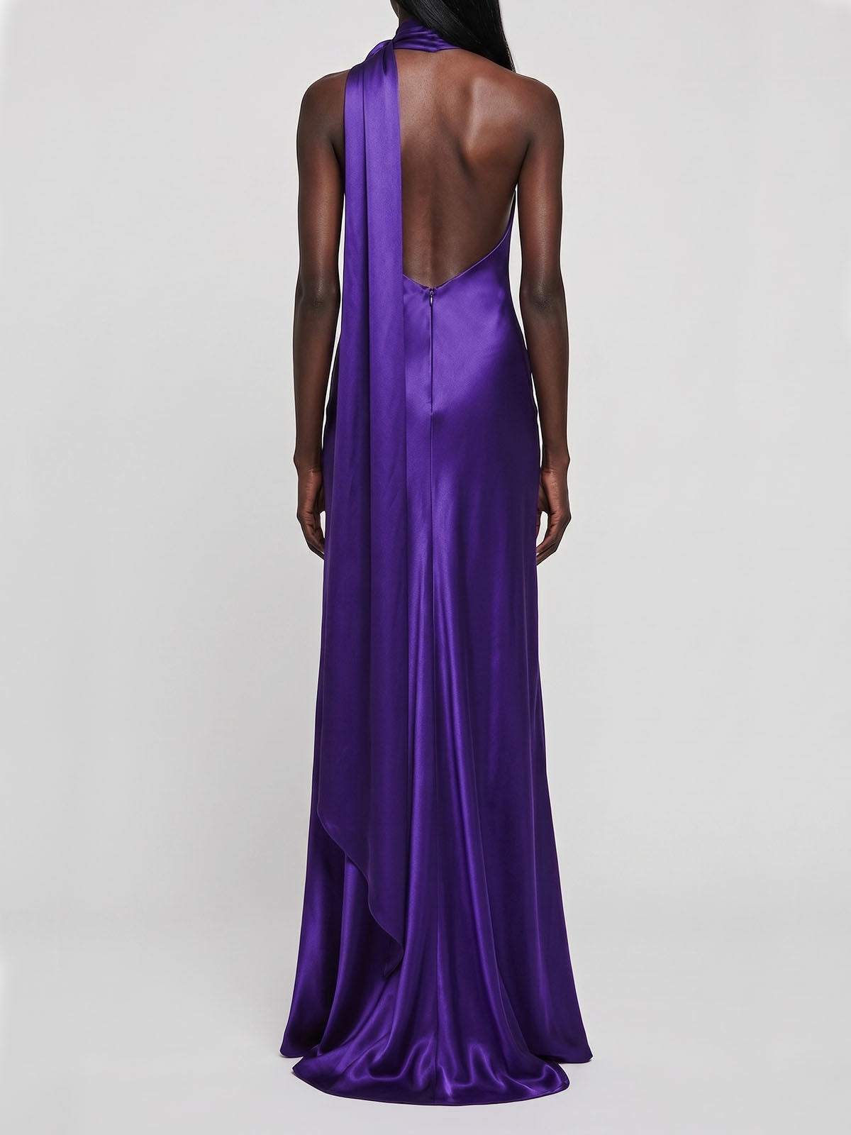 Opulent Flower Scarf Neck Satin Sheath Formal Maxi Dress - Dark Purple
