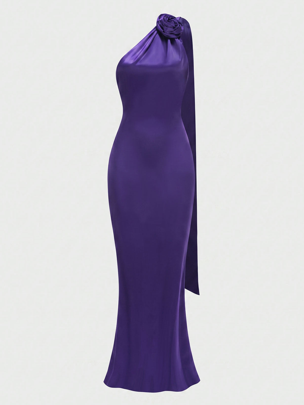 Opulent Flower Scarf Neck Satin Sheath Formal Maxi Dress - Dark Purple