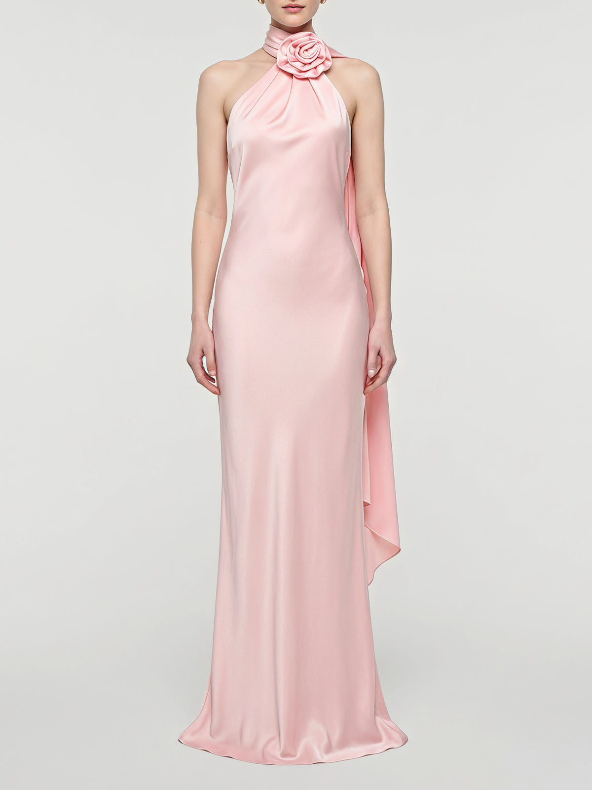 Opulent Flower Scarf Neck Satin Sheath Formal Maxi Dress - Light Pink