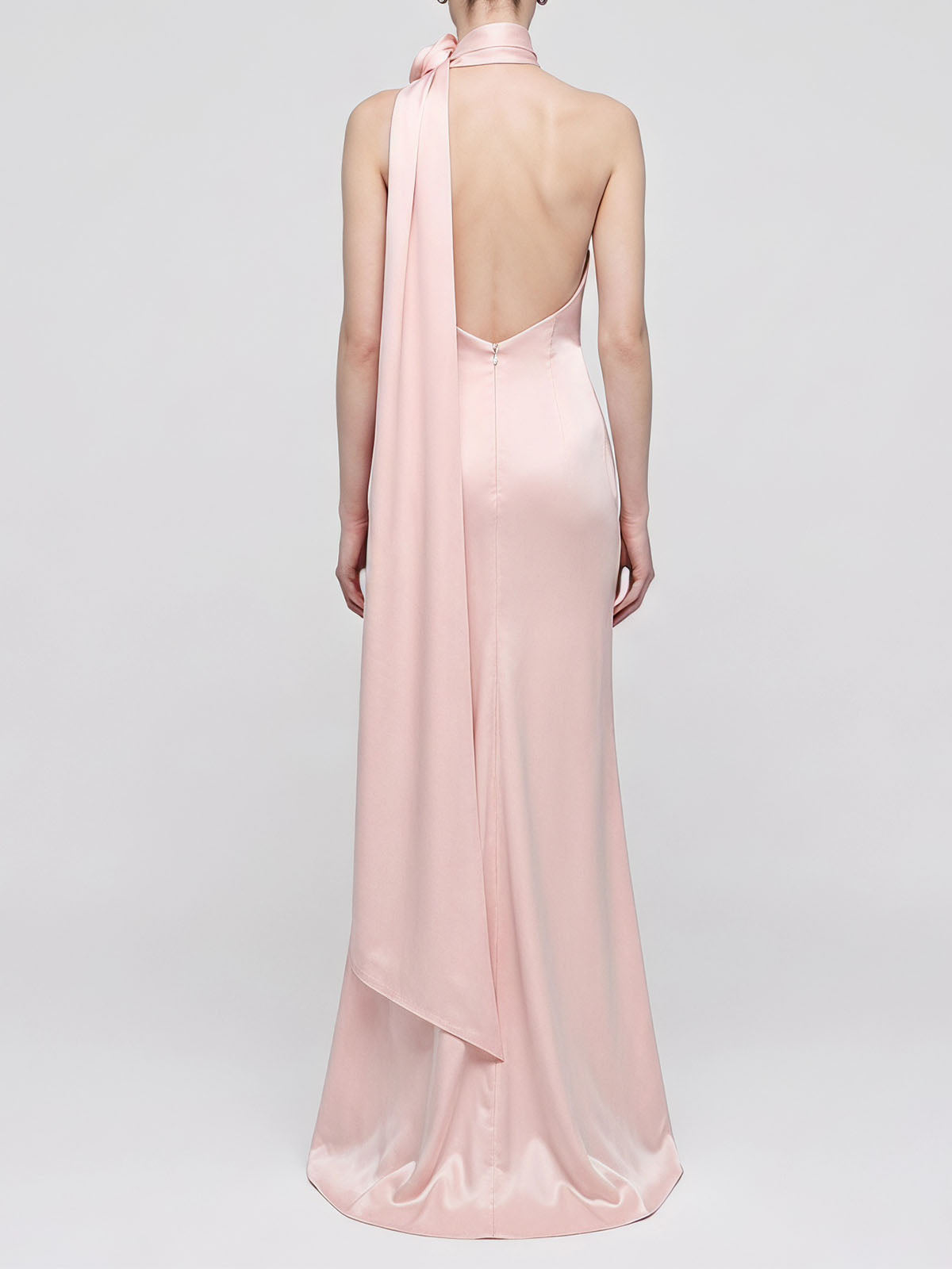 Opulent Flower Scarf Neck Satin Sheath Formal Maxi Dress - Light Pink