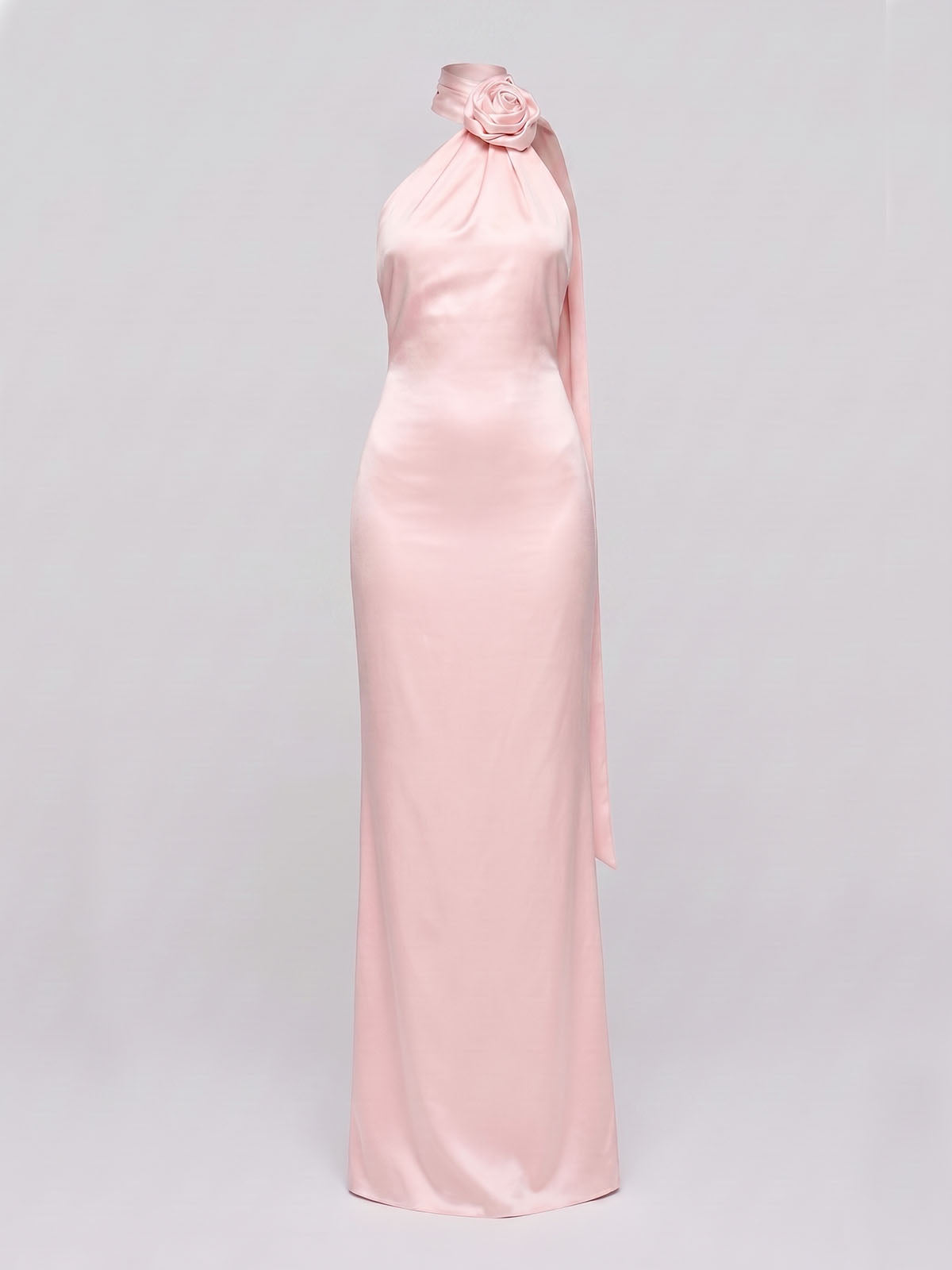 Opulent Flower Scarf Neck Satin Sheath Formal Maxi Dress - Light Pink