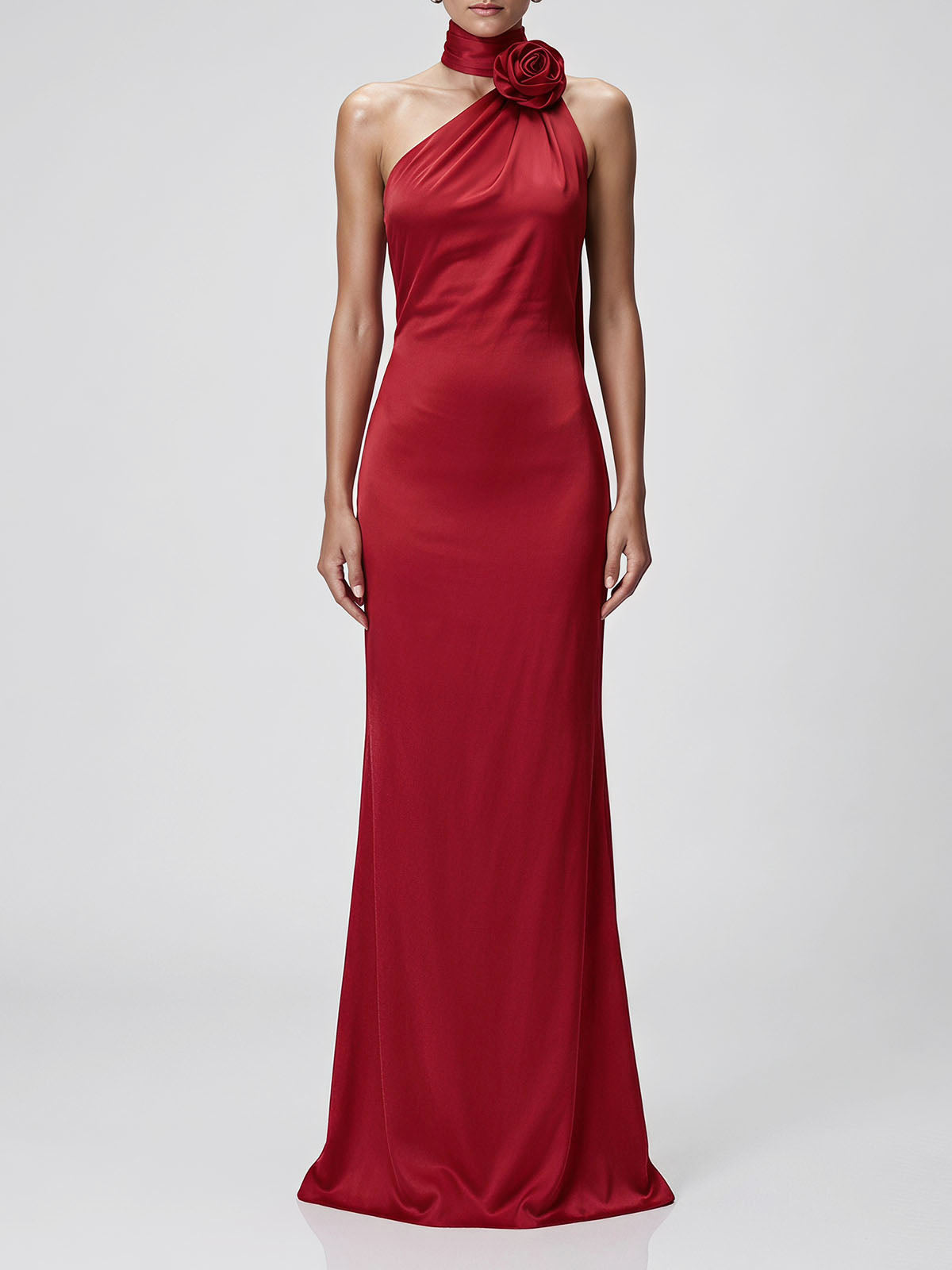 Opulent Flower Scarf Neck Satin Sheath Formal Maxi Dress - Red