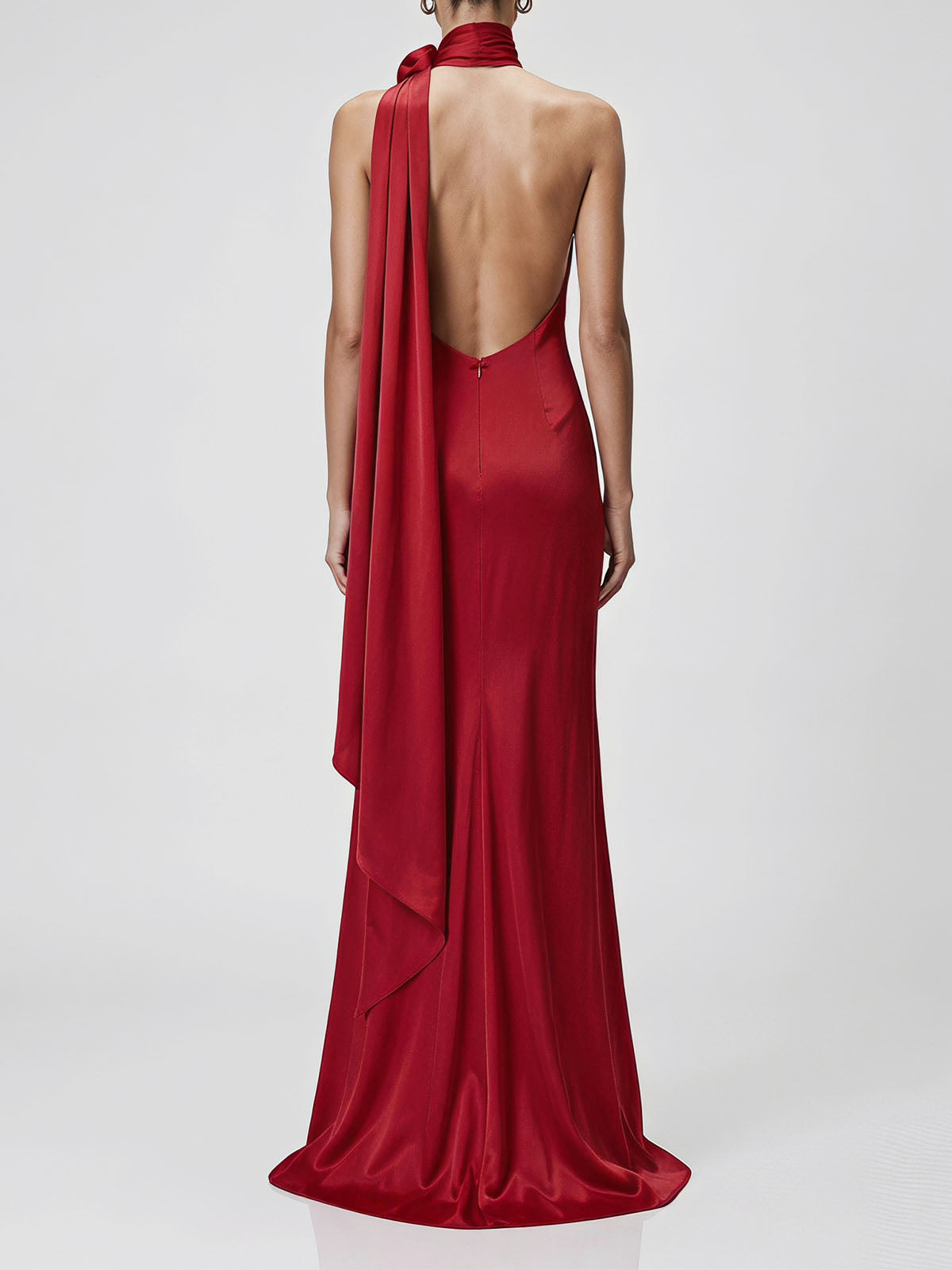 Opulent Flower Scarf Neck Satin Sheath Formal Maxi Dress - Red