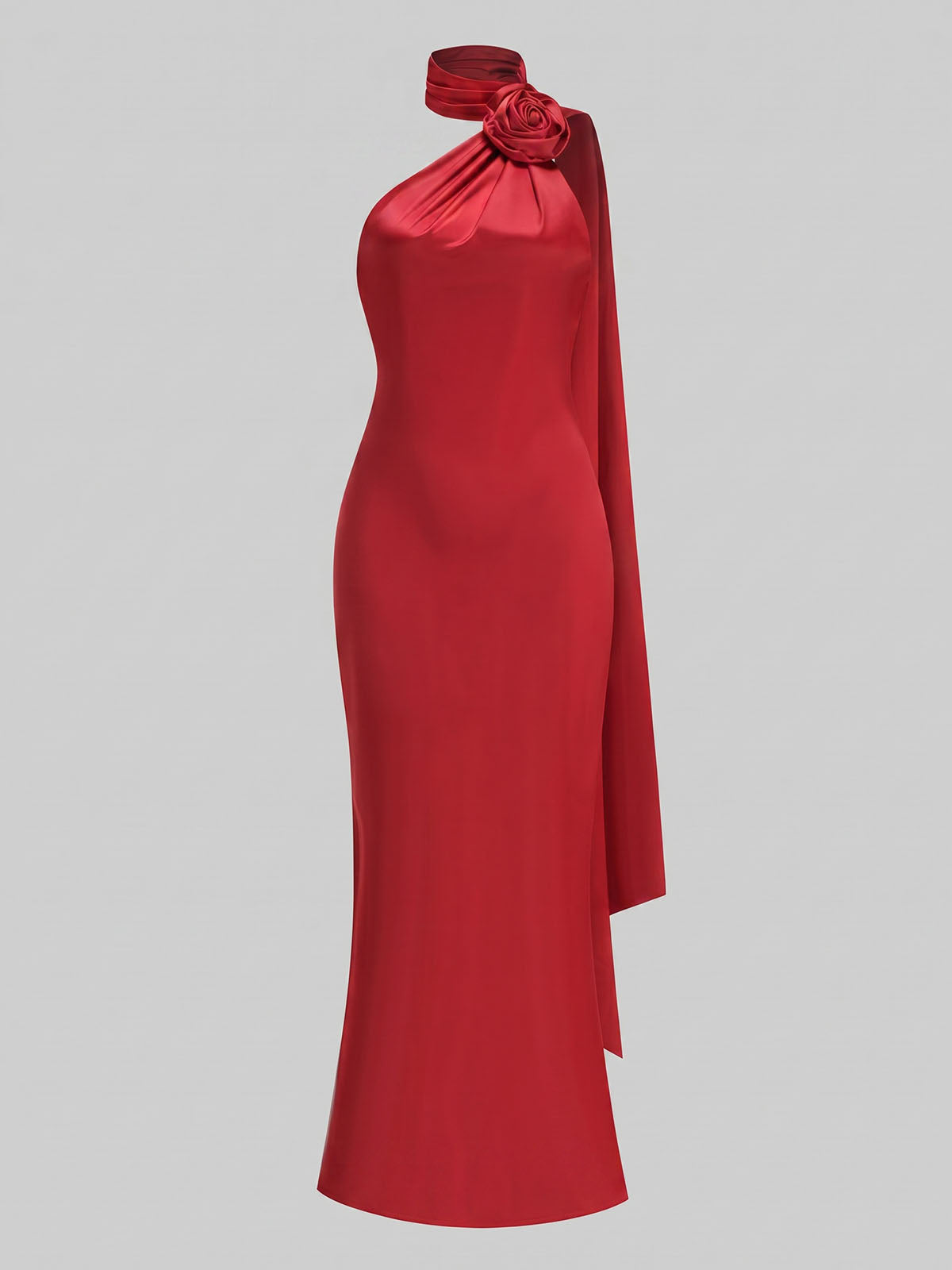 Opulent Flower Scarf Neck Satin Sheath Formal Maxi Dress - Red