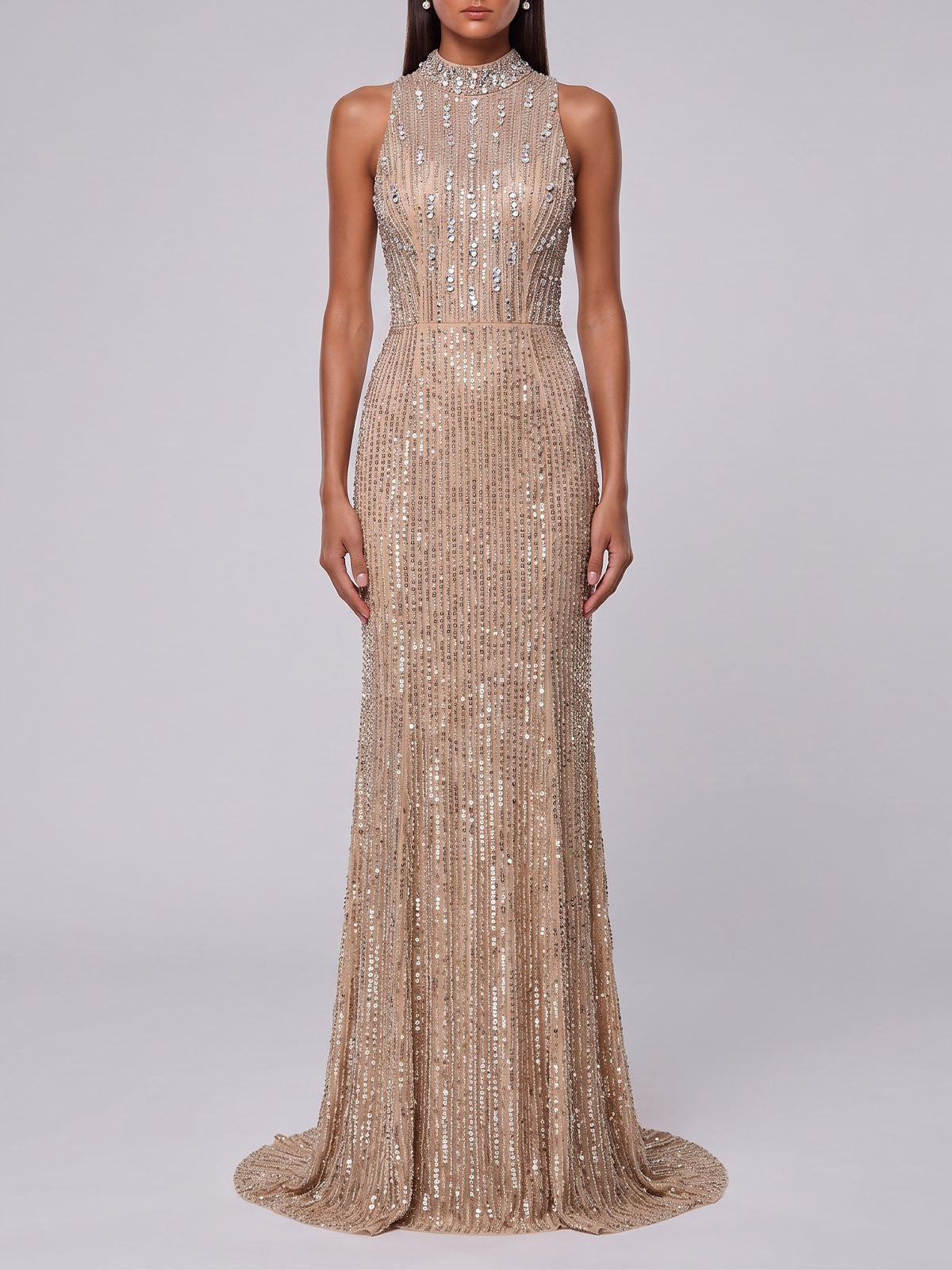 Opulent Sequin Crystal Mesh High Neck Formal Maxi Dress - Champagne
