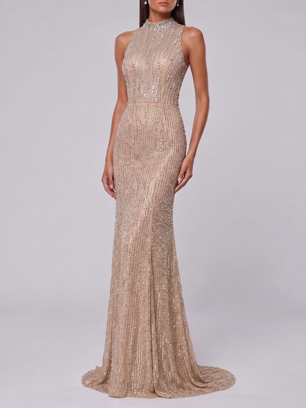 Opulent Sequin Crystal Mesh High Neck Formal Maxi Dress - Champagne