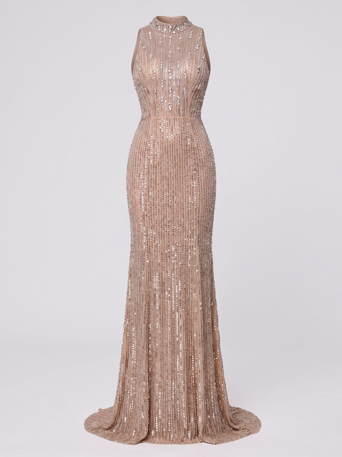 Opulent Sequin Crystal Mesh High Neck Formal Maxi Dress - Champagne