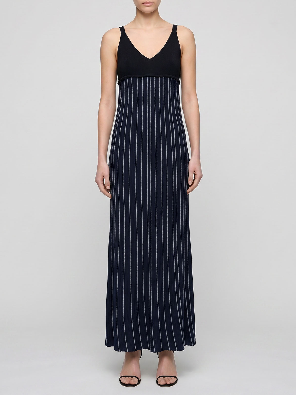 Opulent Sleeveless Rib Striped Metallic Lurex Knit Maxi Dress - Black