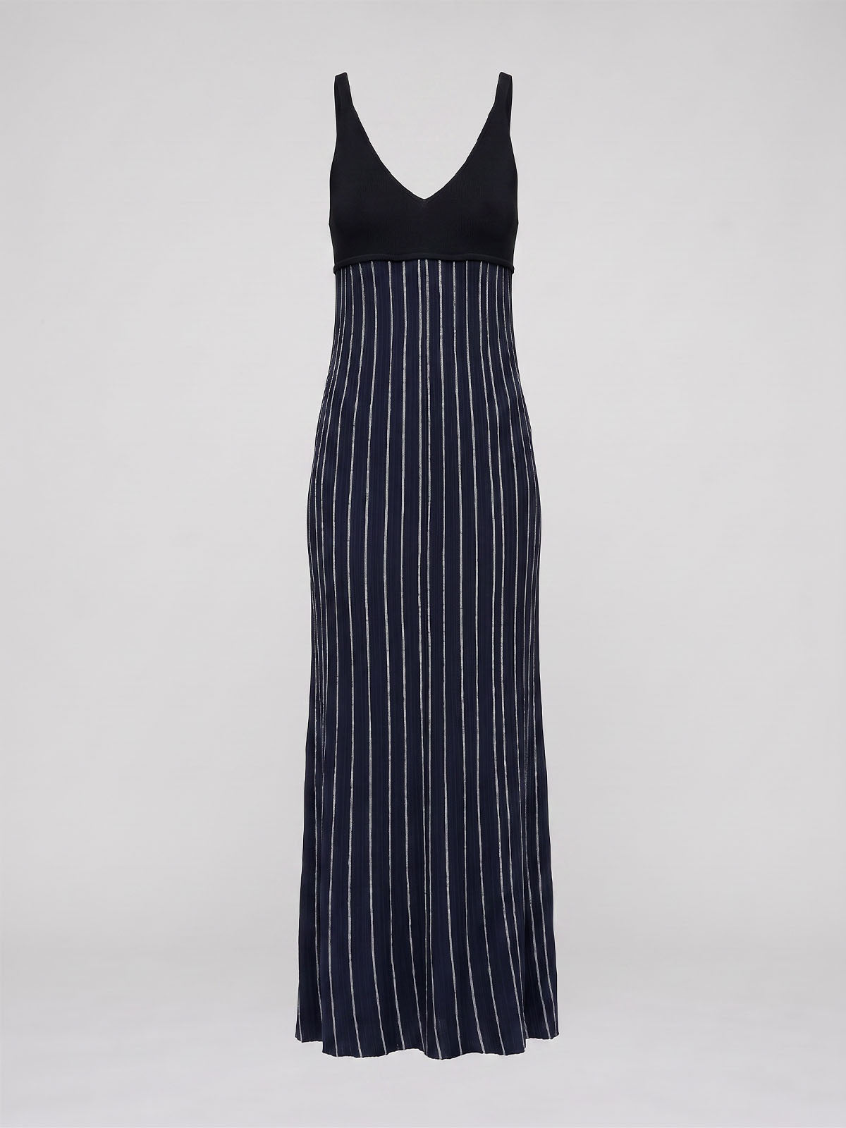 Opulent Sleeveless Rib Striped Metallic Lurex Knit Maxi Dress - Black