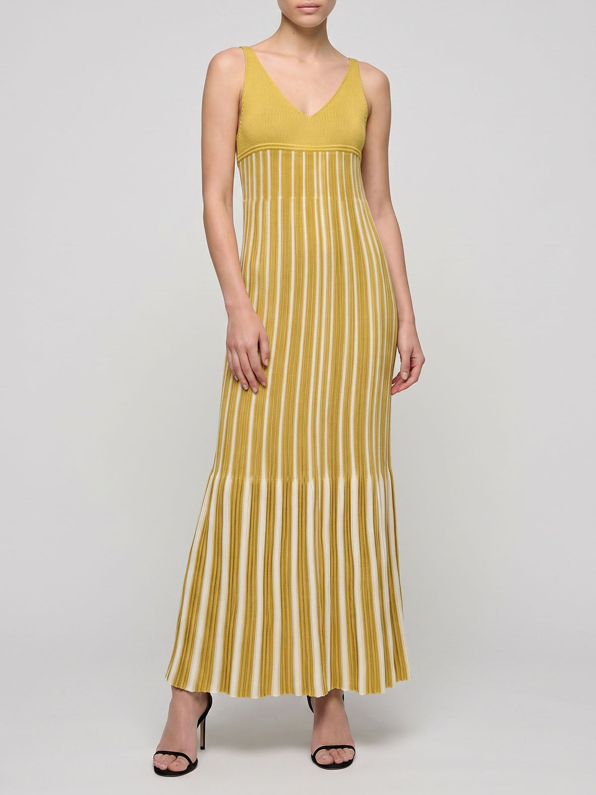 Opulent Sleeveless Rib Striped Metallic Lurex Knit Maxi Dress - Yellow